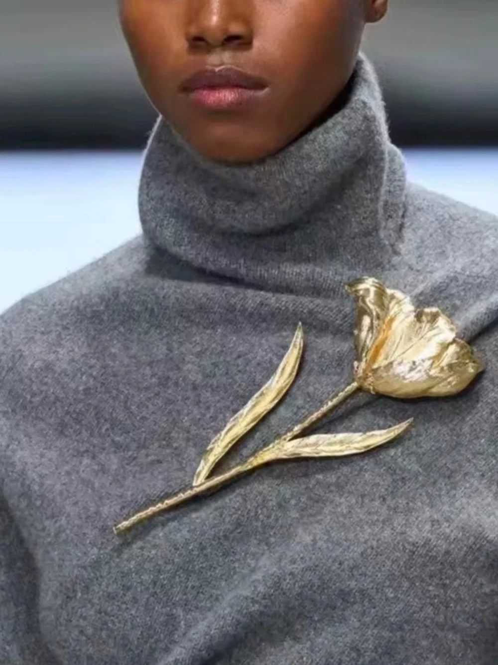 Zara Gold Tone Long Stem Flower Brooch Elegant Floral Statement Pin NWOT